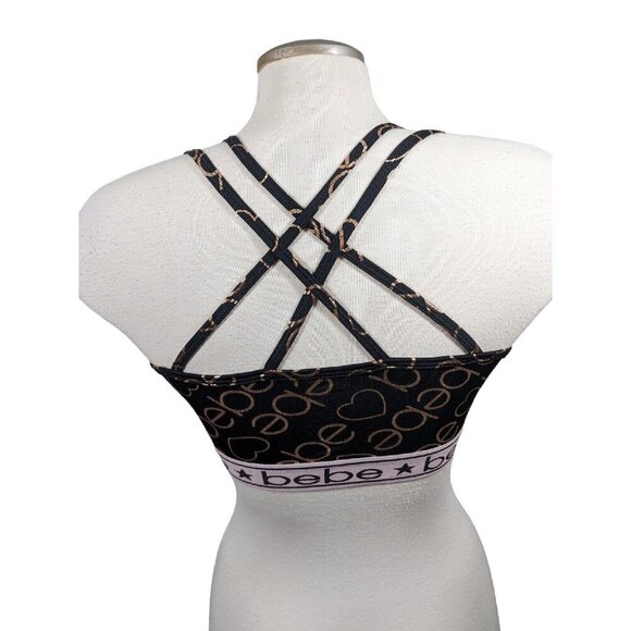 Bebe Bralette Size M 10 12 Black Strappy Back Metallic Gold Logo All Over Print - Picture 2 of 4